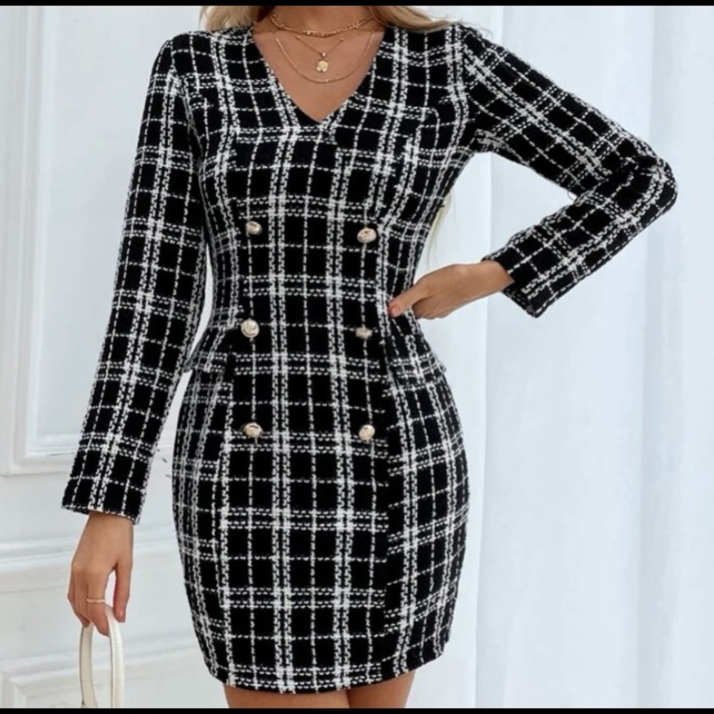 🛍 Button Detail Plaid Tweed Dress